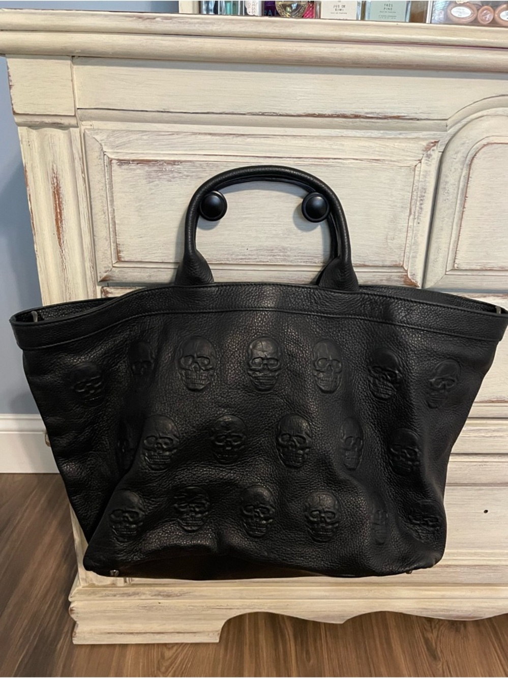 IO Pelle Black Embossed Skull Leather Tote
